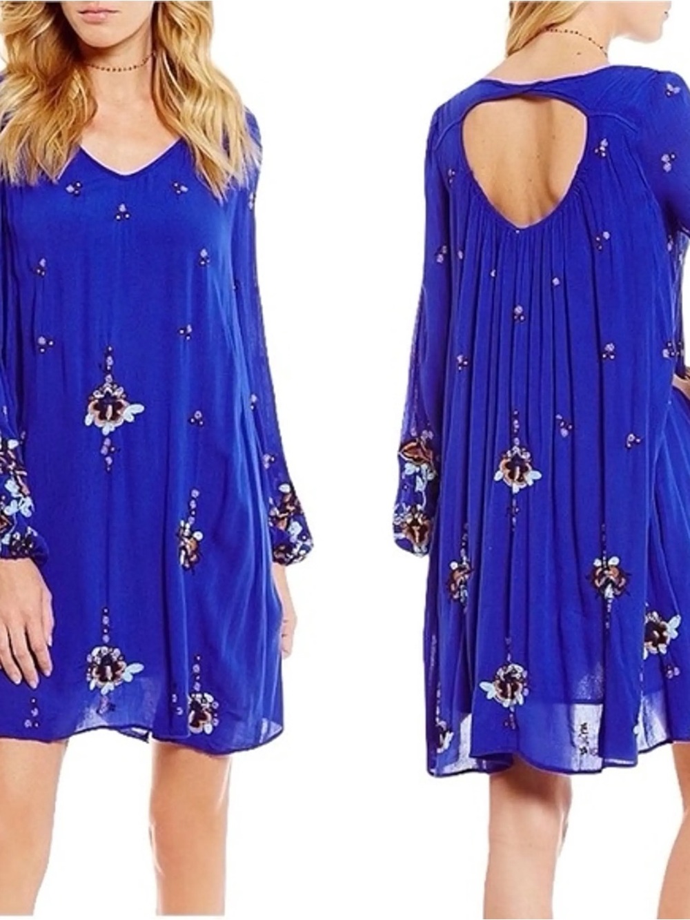 Whimsy Free People Royal Blue Embroidered Open-Back Long Sleeve Dress